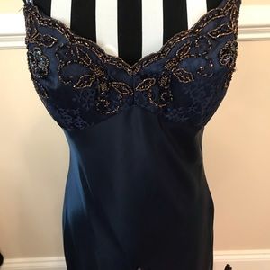 Navy blue silk look and lace evening dress/gown